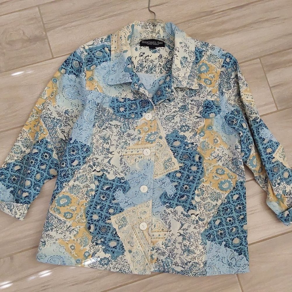 Monterey Bay Blue/Beige Floral Patchwork 3/4 Sleeve Jacket.   Size M